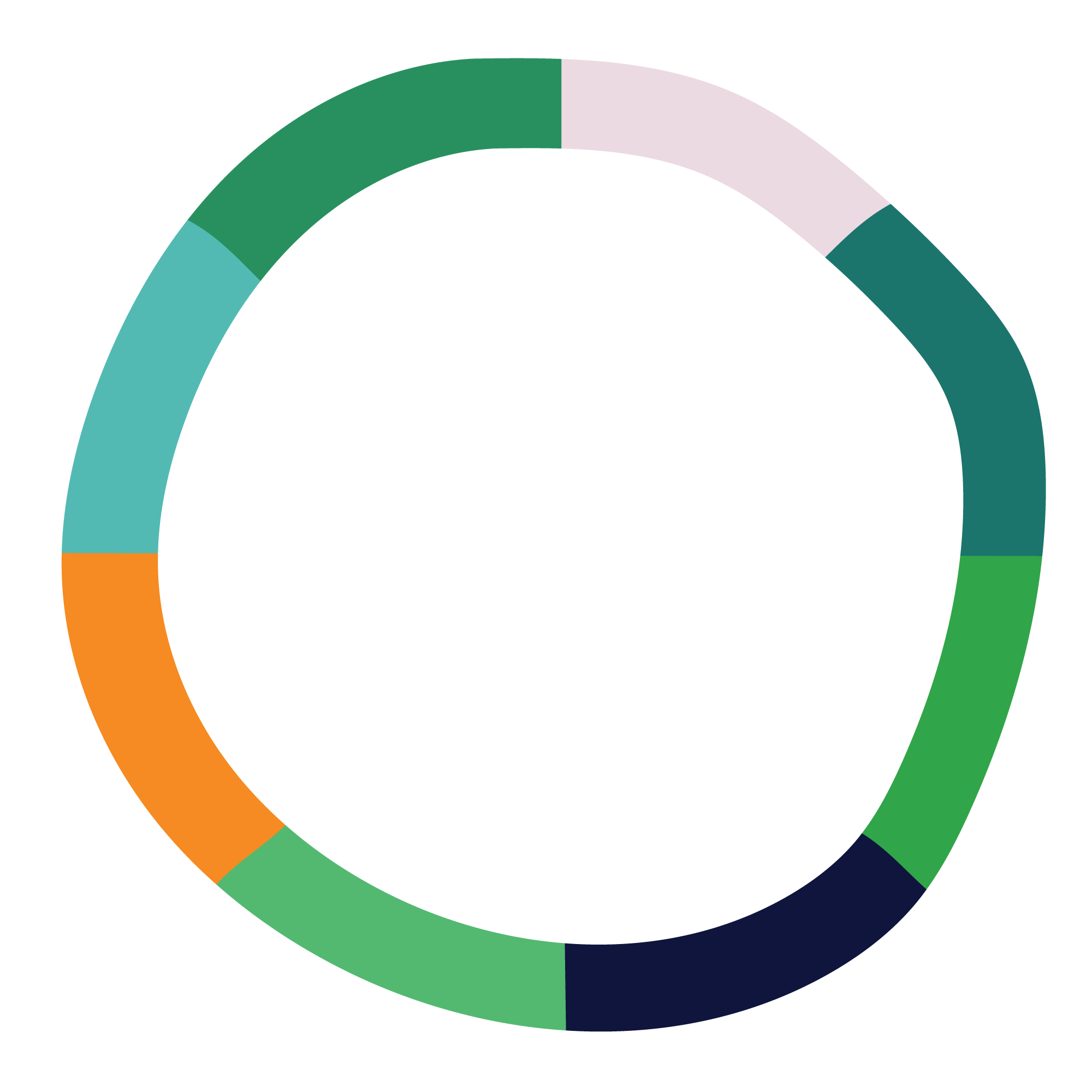 Large Recovery Dharma logo consisting of a ring of green, pale pink, lime, black, orange, and turquoise