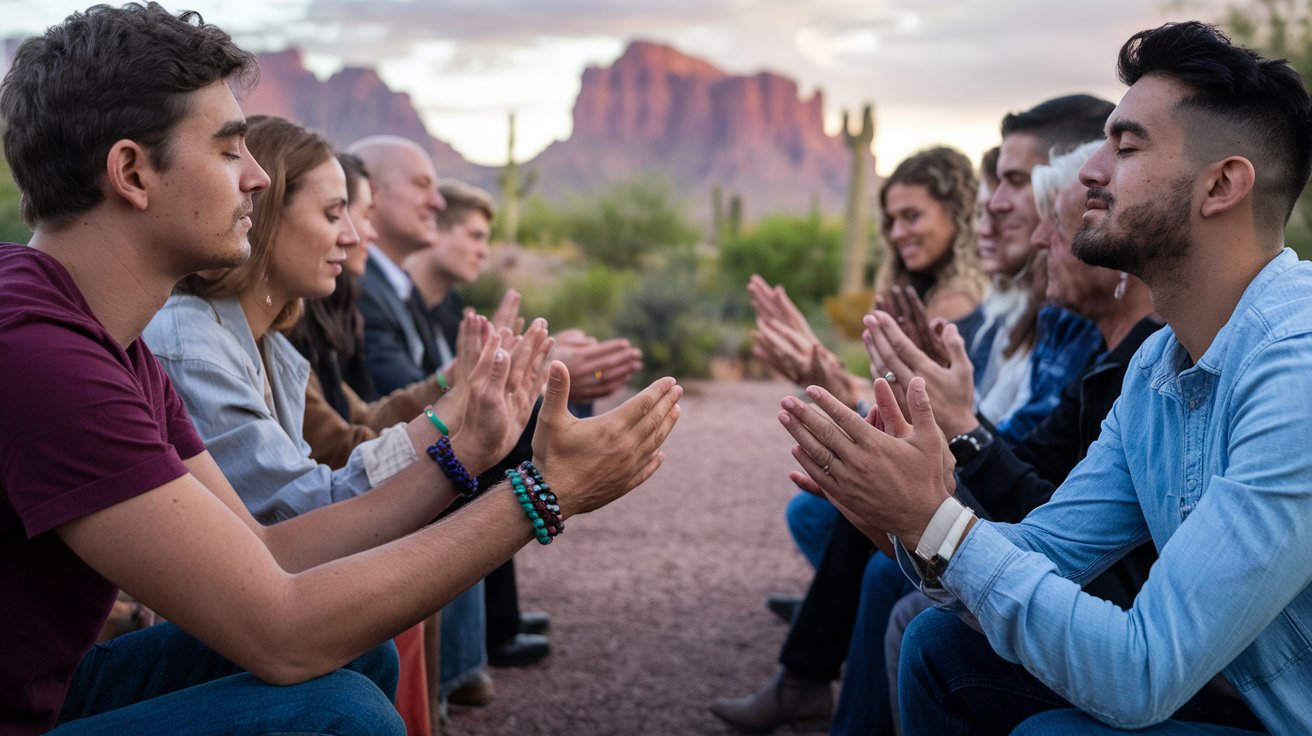 People sitting in a line praying